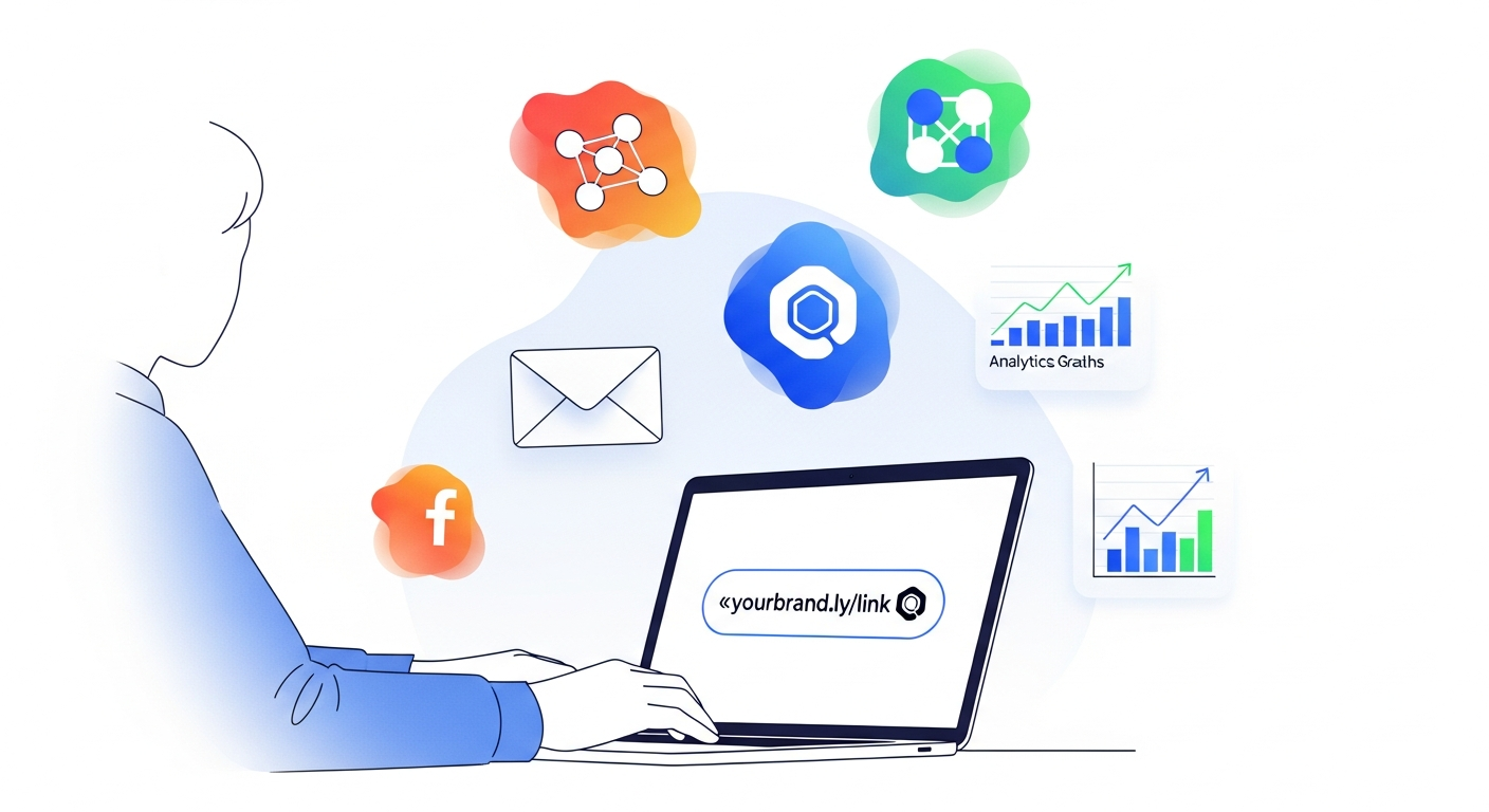 editorial illustration of a person confidently typing on a laptop with a branded