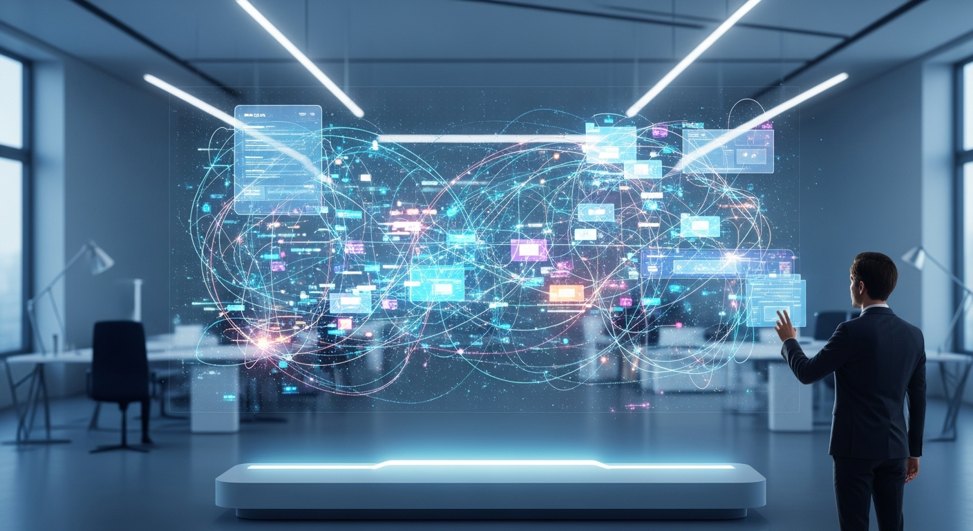 editorial illustration of a person interacting with a holographic data visualiza