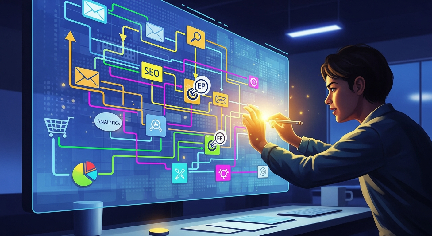 vivid Imagen 4 editorial illustration of a person creating a flow chart connecti